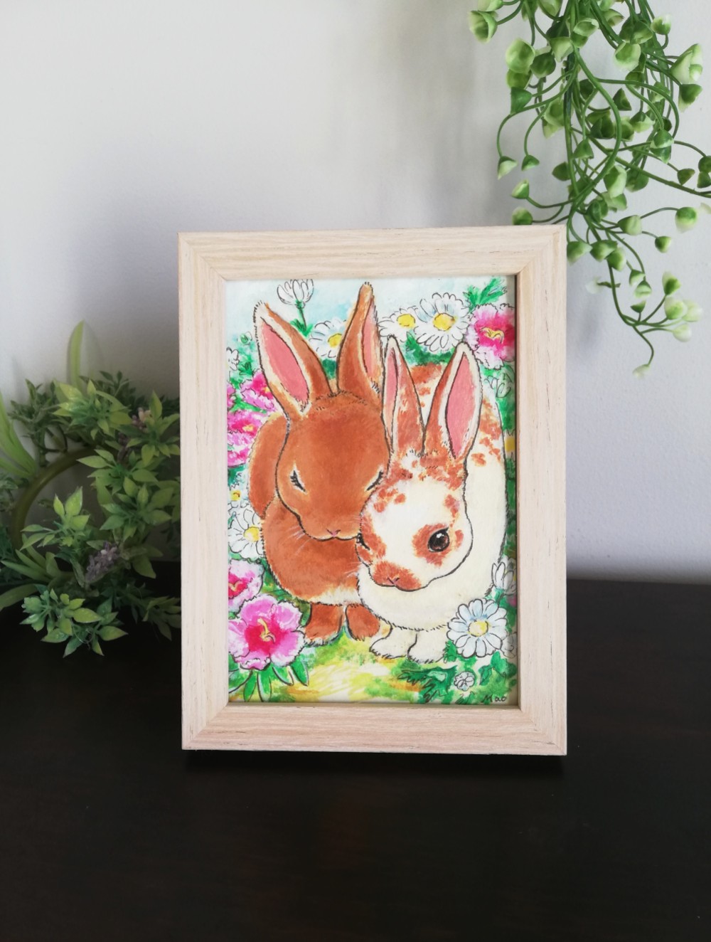 原画【レッキスの恋人たち】　額縁付き　ポストカードサイズ　ナチュラル　カフェ　癒やし　 Art-mao