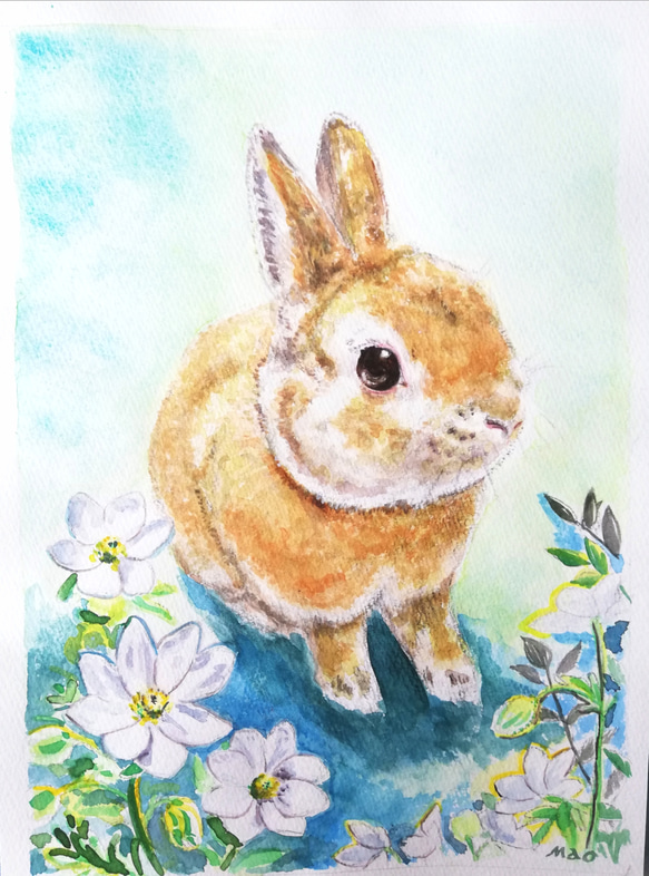 水彩原画 「白い花とうさぎ」 手書き 絵 サムホールサイズ 送料込み
