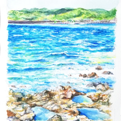 水彩原画　「海」　手書き　絵　サムホールサイズ　インテリア　夏　Art Mao 3枚目の画像