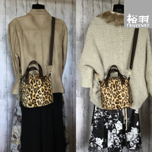 レオパード(フェイクファー)・コロンとした丸底巾着ショルダーバッグ