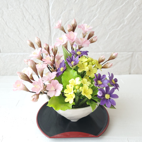 人気新品入荷 完売】クレイフラワー/パンフラワー 桜と菜の花の花器 アート フラワー・リース