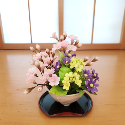 完売】クレイフラワー/パンフラワー 桜と菜の花の花器 アート