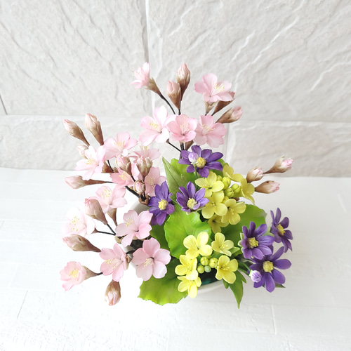 完売】クレイフラワー/パンフラワー 桜と菜の花の花器 アート