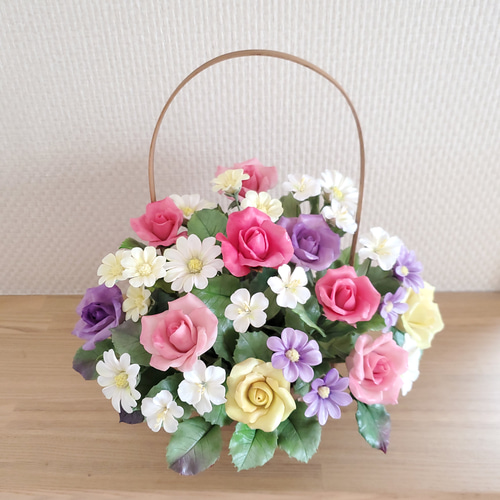 完売】パンフラワー/クレイフラワー パステルカラーの花籠