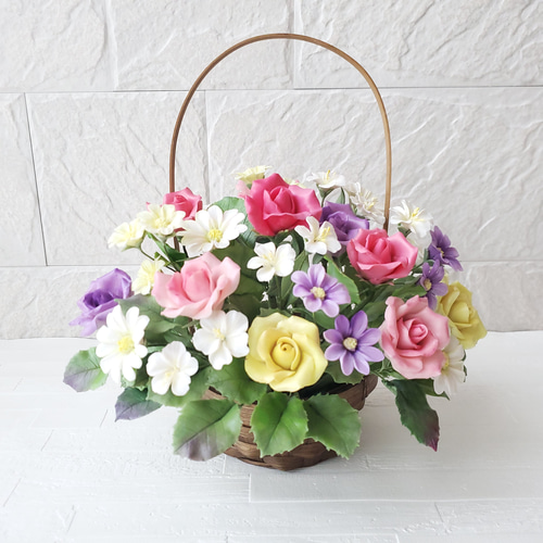 完売】パンフラワー/クレイフラワー パステルカラーの花籠