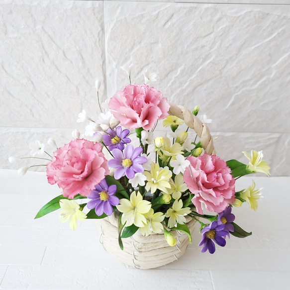 クレイフラワー✨ロココ調薔薇❁染め花布花❁クレイフラワー❁ハンドメイド クレイフラワー♡ロココ調薔薇のフラワーアレンジメント