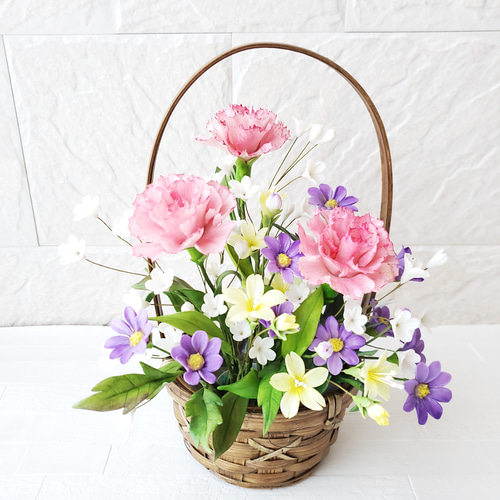 完売】クレイフラワー/パンフラワー カーネーションの花籠