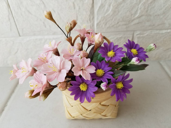 完売】クレイフラワー さくらと都忘れの花かご アートフラワー BON AMI