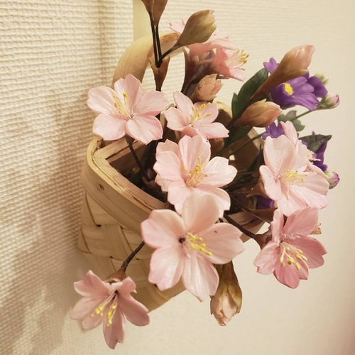 完売】クレイフラワー さくらと都忘れの花かご アートフラワー BON AMI