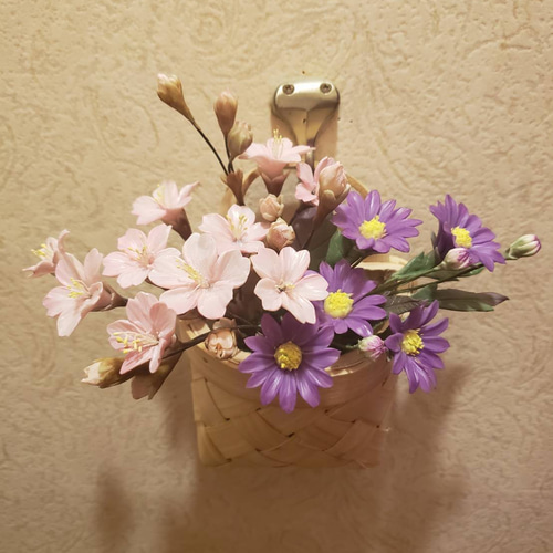 完売】クレイフラワー さくらと都忘れの花かご アートフラワー BON AMI