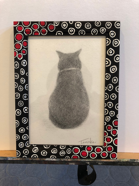 額縁付き手描き猫のデッサン 原画  ※一点もの 黒猫 木炭デッサン 原画 額縁付き 2L判サイズ 絵画 智Tomoko