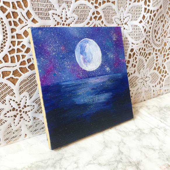 【月夜】絵画/原画 絵 月 星 海 アクリル画 3枚目の画像