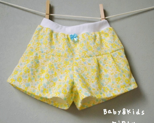 ★六様ご予約品★BIRDWELL オレンジ・黄緑 花柄ショートパンツ 2点セット やわらかニットの小花柄ショートパンツ レモンイエロー 100～130cm