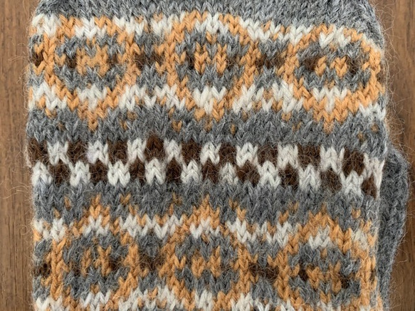 グレーを主とした八重菱と市松の伝統柄の編み込み模様のミトンウール１００％　送料込み 2枚目の画像