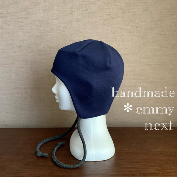 送料無料＊handmade耳あて付き帽子〈ネイビー×ボーダー〉かわいい医療用帽子　ケア帽子　おしゃれなケアキャップ 9枚目の画像