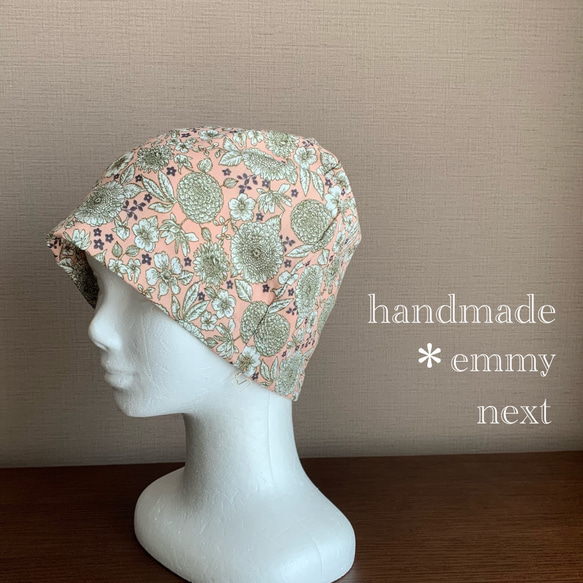 送料無料＊handmadeダブルガーゼ帽子〈floraisonサーモンピンク〉かわいい医療用帽子　おしゃれなケア帽子 1枚目の画像