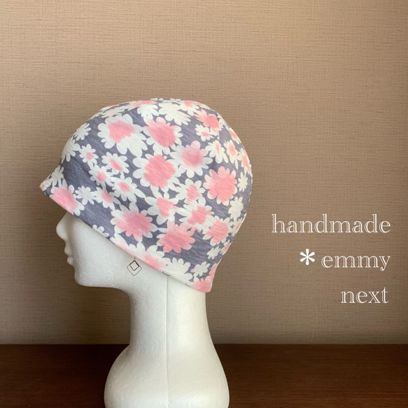 送料無料＊handmadeリバーシブル帽子〈dandelion  pink〉可愛いケアキャップ　ケア帽子　医療用帽子 3枚目の画像