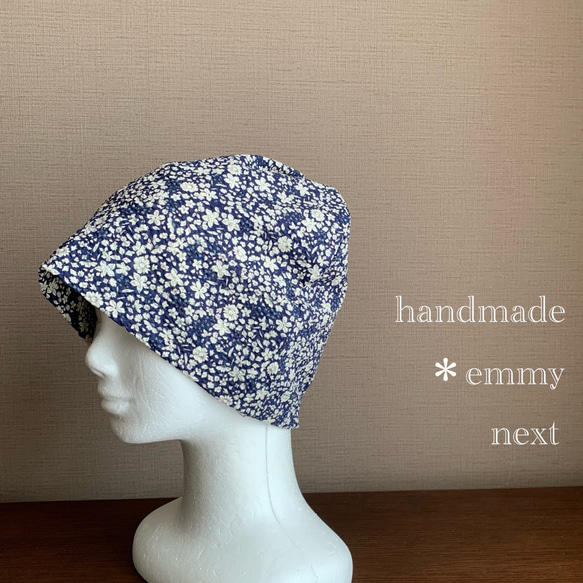 医療用ケア帽子ハンドメイド　紺色薄手リップル生地　IN 送料無料＊handmadeリップル帽子〈jardinageネイビー