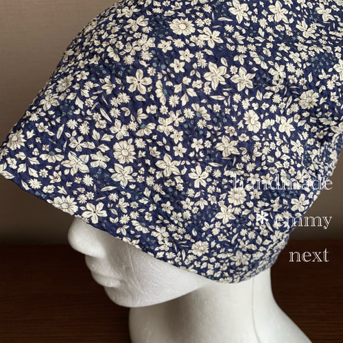 医療用ケア帽子ハンドメイド　紺色薄手リップル生地　IN 送料無料＊handmadeリップル帽子〈jardinageネイビー