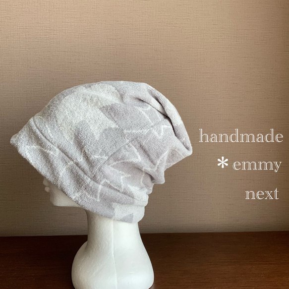 送料無料＊handmadeタオル帽子〈birdグレー〉かわいい医療用帽子　ケア帽子　ケアキャップ　サウナハット 3枚目の画像