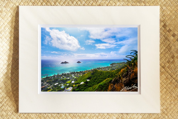 「ラニカイ~天国の海」ラニカイピルボックスハイクから見た早朝のラニカイビーチはまさに天国 １１×１４マットフレーム作品 1枚目の画像