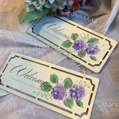 ハンドメイド　オーダー受付ページ　　♡紫陽花わんこ　パネル♡ トールペイント 紫陽花のウエルカムボード あじさい ハンドペイント