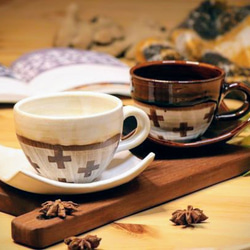 クロス柄 コーヒーカップ&ソーサー２個セット 益子焼 Creema限定 2枚目の画像