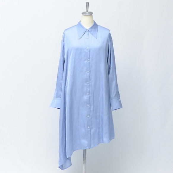 アシンメトリーサテンシャツワンピース  羽織り ひざ丈 レディース フレア かわいい 21SP-2ブルー 7枚目の画像