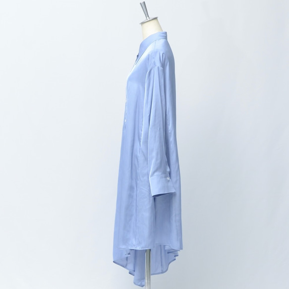 アシンメトリーサテンシャツワンピース  羽織り ひざ丈 レディース フレア かわいい 21SP-2ブルー 8枚目の画像