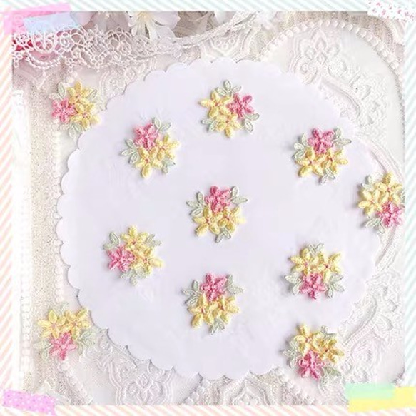 【2枚】花 刺繍 アップリケ モチーフ ケミカルレース 手芸 イェロー×赤 1枚目の画像