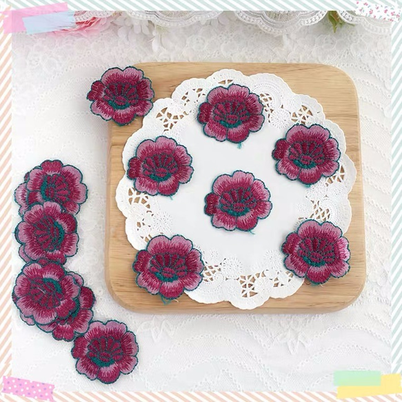 【3枚】立体　刺繍　花　赤　アップリケ　モチーフ　ケミカルレース　手芸 1枚目の画像