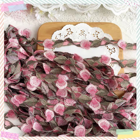 【1m】ピンクのお花　葉っぱのレースリボン　大人可愛い　繊細　綺麗　手芸　素材　上品　刺繍 5枚目の画像
