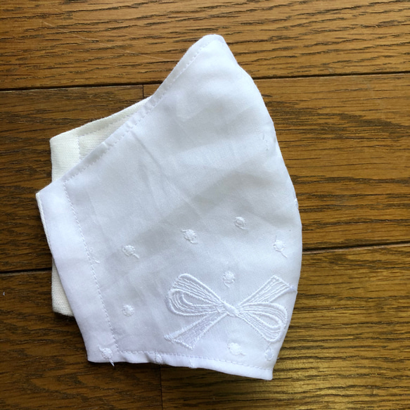 夏マスク　白　　リボン2 刺繍　綿レース　コットンレース 5枚目の画像