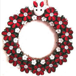 ♡クリスマスリース♡　約20cm　つまみ細工　壁飾り　うさぎ　赤×緑 1枚目の画像