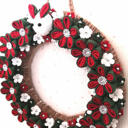 ♡クリスマスリース♡　約20cm　つまみ細工　壁飾り　うさぎ　赤×緑 2枚目の画像