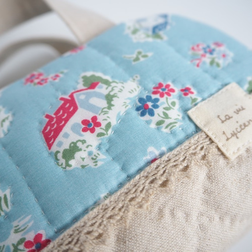 SOLD◇ハンドメイド ポーチ 松山敦子 レトロ パッチワーク 柄 水色