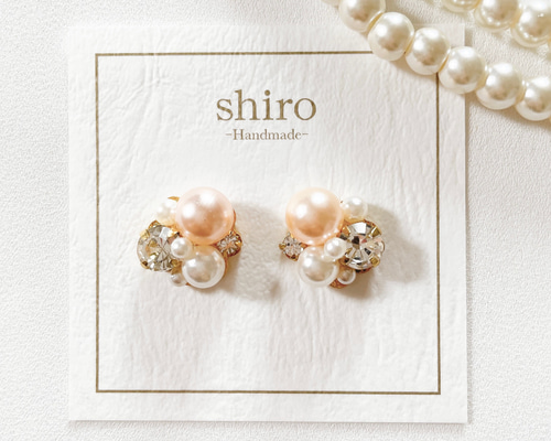 ピーチカラーパールとクリアビジューのピアス/イヤリング ピアス 