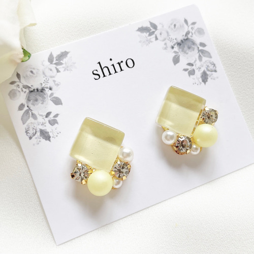 レモネードイエローガラスタイルのビジューピアス/イヤリング シンプル