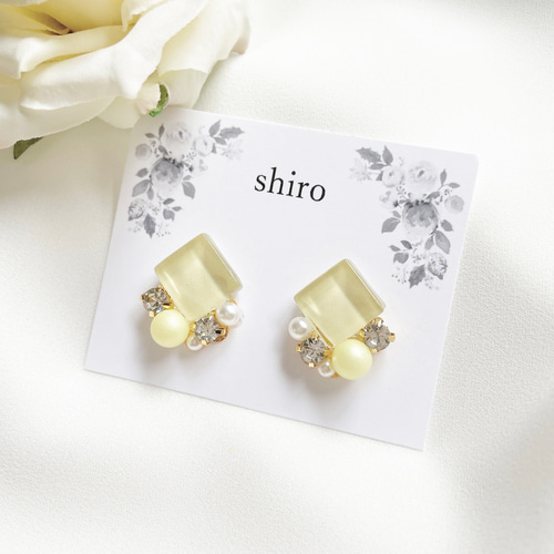 レモネードイエローガラスタイルのビジューピアス/イヤリング シンプル