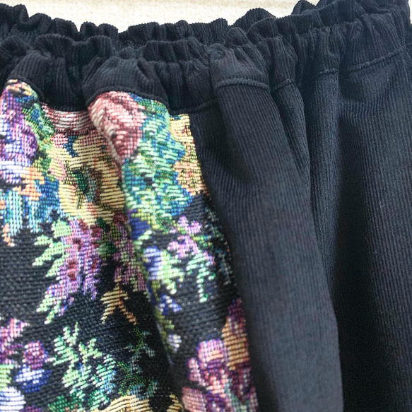 【新作】ゴブラン織×コーデュロイ ギャザースカート ブラック 3枚目の画像