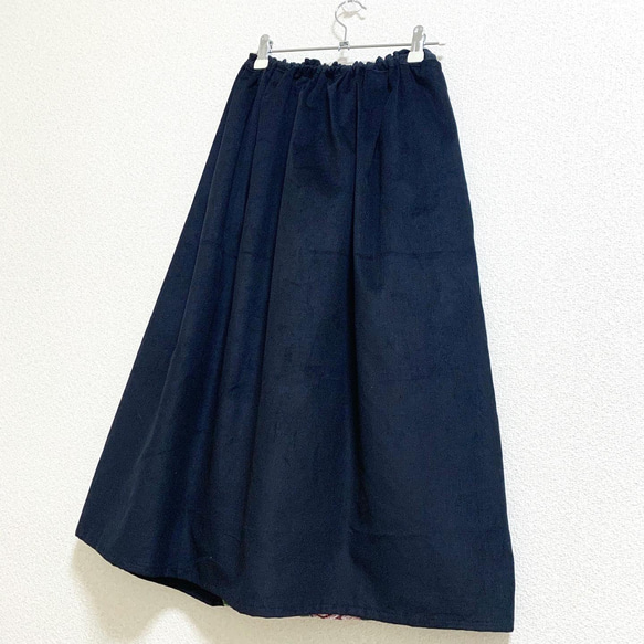 【新作】ゴブラン織×コーデュロイ ギャザースカート ブラック 4枚目の画像