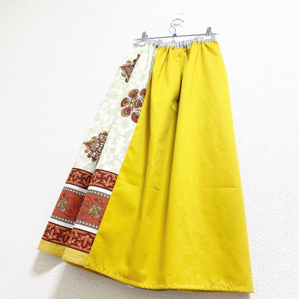 インド綿パッチワーク切り替えスカート マスタード 5枚目の画像