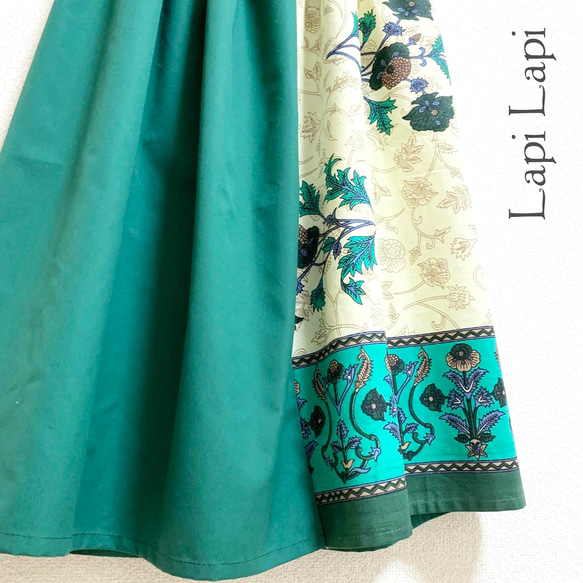 インド綿パッチワーク切り替えスカート グリーン 2枚目の画像