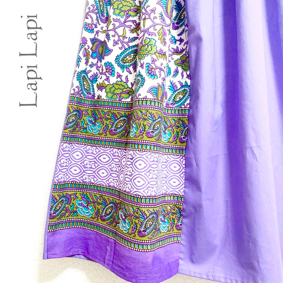 インド綿パッチワーク切り替えスカート ロマネスクパープル 2枚目の画像