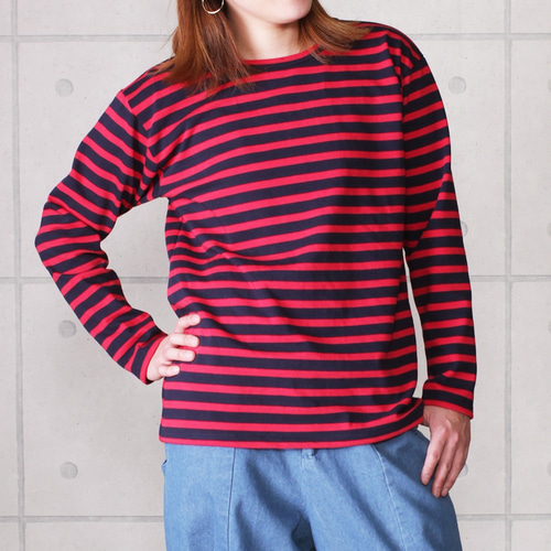 ☆【送料無料】ボーダー長袖トップス（ネイビー×レッド） カットソー