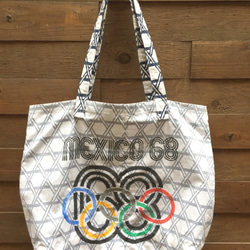 昭和レトロ　マザーズバック　Olympic MEXICO68　大型トートバック　リメイク　ハンドプリント　古布 1枚目の画像