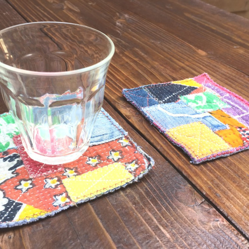 襤褸 ヴィンテージ生地 ラリーキルト コースター 2枚セット リメイク