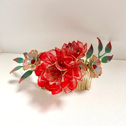アンティーク風　紅い花のコームとユーピンセット　アメリカンフラワー 6枚目の画像