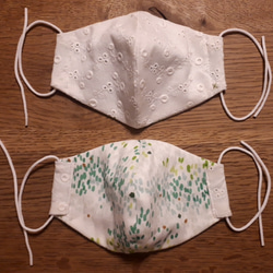 綿レース(丸花柄)とダブルガーゼ(緑柄)の立体マスク 3枚目の画像