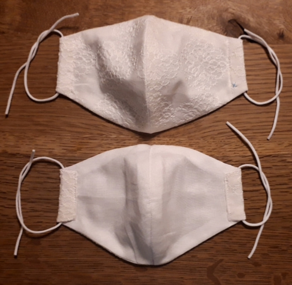 綿レース(大輪花柄)と薄い晒し(白)の立体マスク(Lサイズ) 3枚目の画像